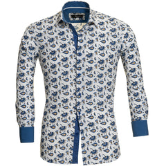 Blue Paisley Mens Slim Fit Designer Dress Shirt - Tailored Cotton Shirts For Work And Casual