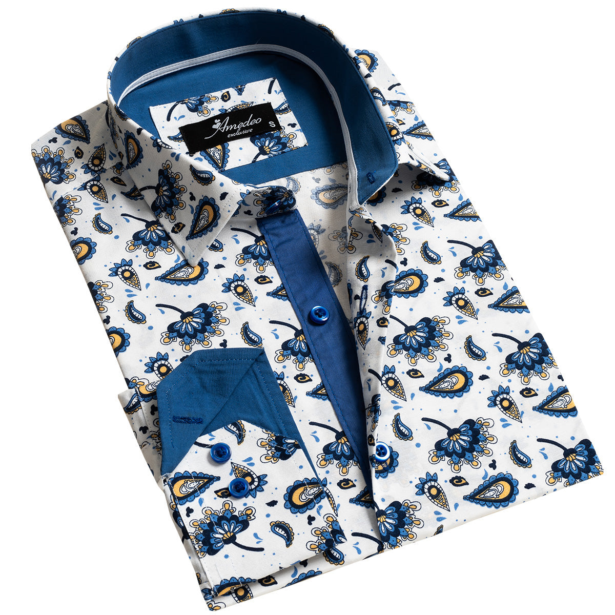 Blue Paisley Mens Slim Fit Designer Dress Shirt - Tailored Cotton Shirts For Work And Casual