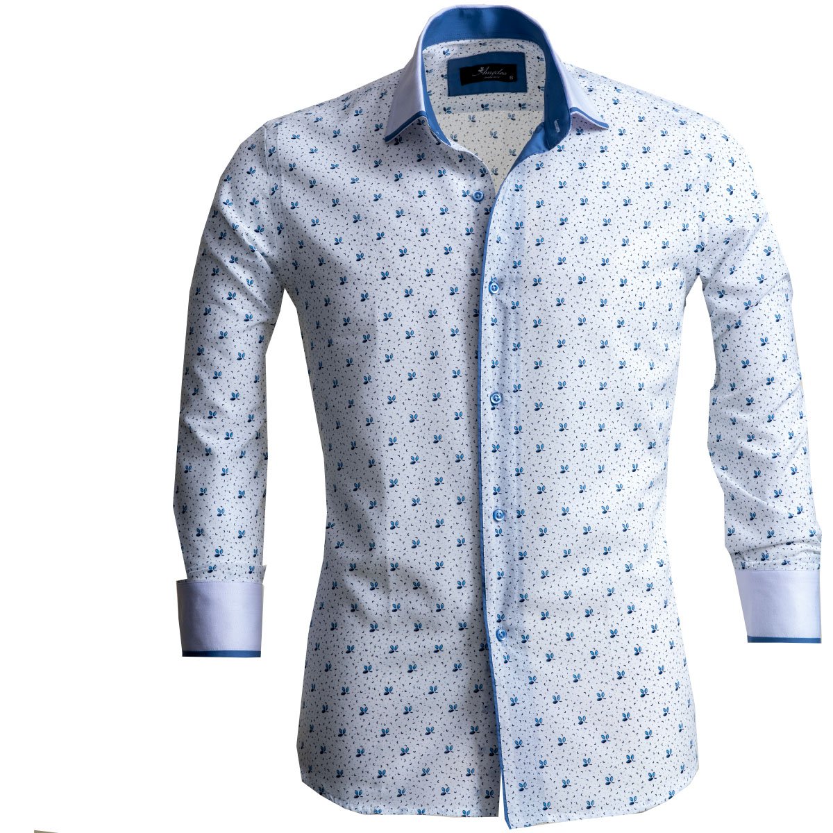 White & Light Blue Mens Slim Fit Designer Dress Shirt - tailored Cotton Shirts for Work and Casual - Amedeo Exclusive
