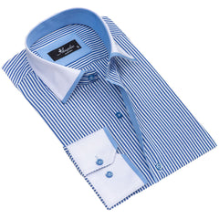 White & Blue Lines Mens Slim Fit Designer Dress Shirt - tailored Cotton Shirts for Work and Casual - Amedeo Exclusive