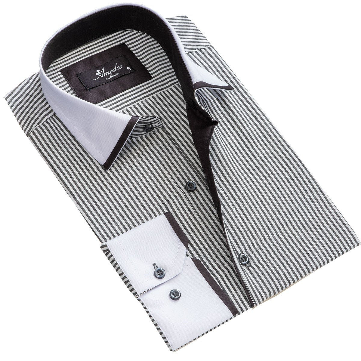 White & Grey lines Mens Slim Fit Designer Dress Shirt - tailored Cotton Shirts for Work and Casual - Amedeo Exclusive
