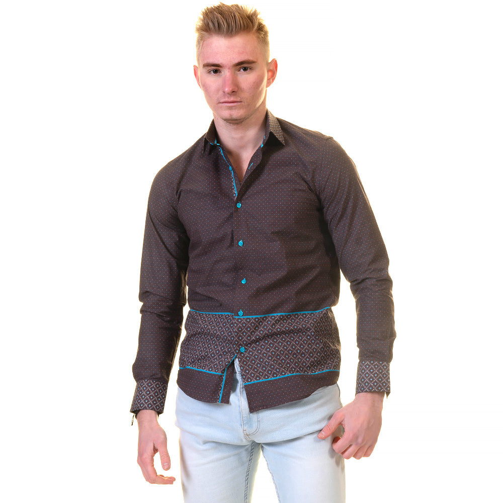 Chocolate Brown and Turqouise Blue Mens Slim Fit Designer Dress Shirt - tailored Cotton Shirts for Work and Casual Wear