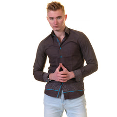 Chocolate Brown and Turqouise Blue Mens Slim Fit Designer Dress Shirt - tailored Cotton Shirts for Work and Casual Wear