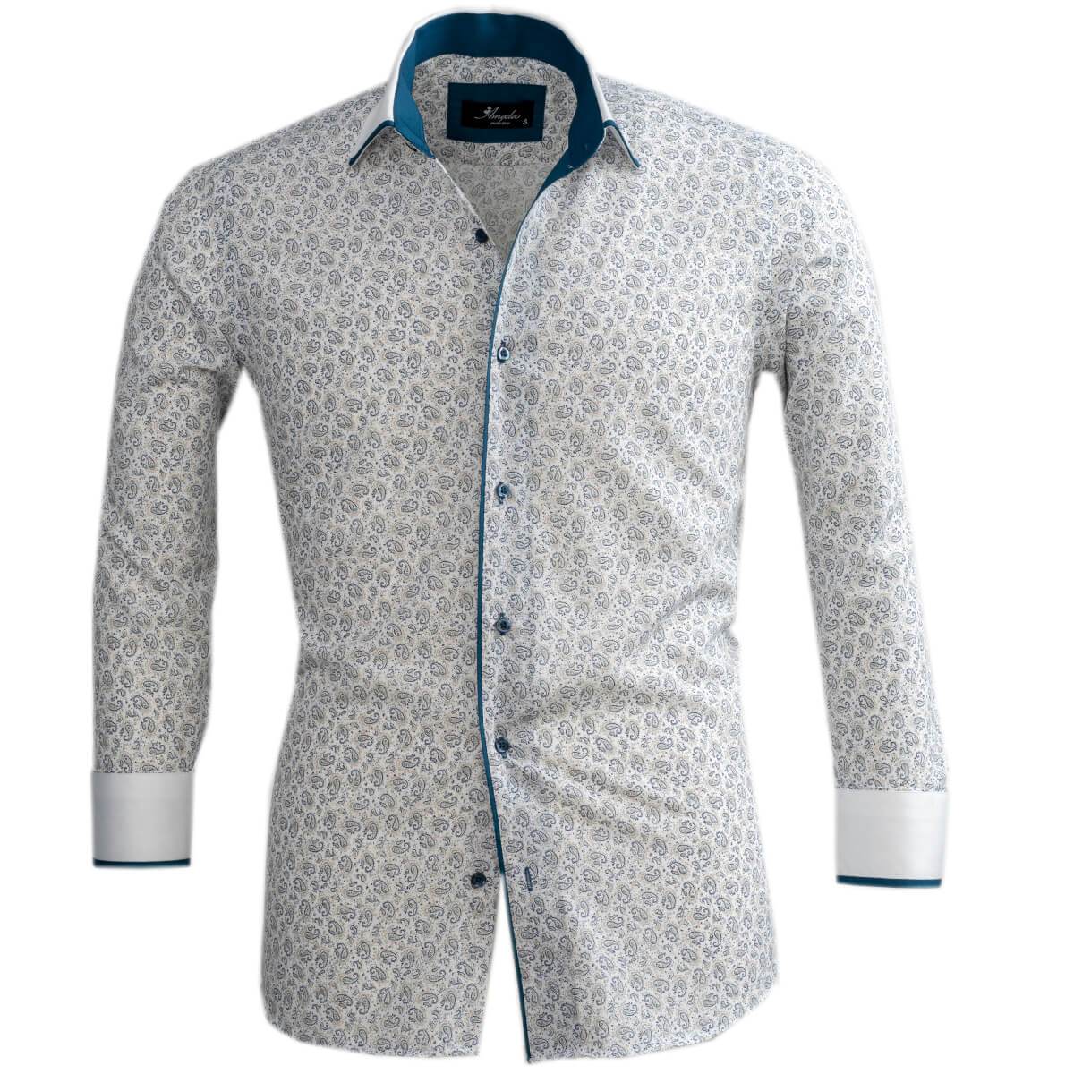 White Blue Paisley Mens Slim Fit Designer Dress Shirt - tailored Cotton Shirts for Work and Casual Wear - Amedeo Exclusive
