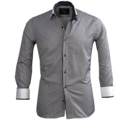 Grey with White Lines Mens Slim Fit Designer Dress Shirt - tailored Cotton Shirts for Work and Casual Wear - Amedeo Exclusive