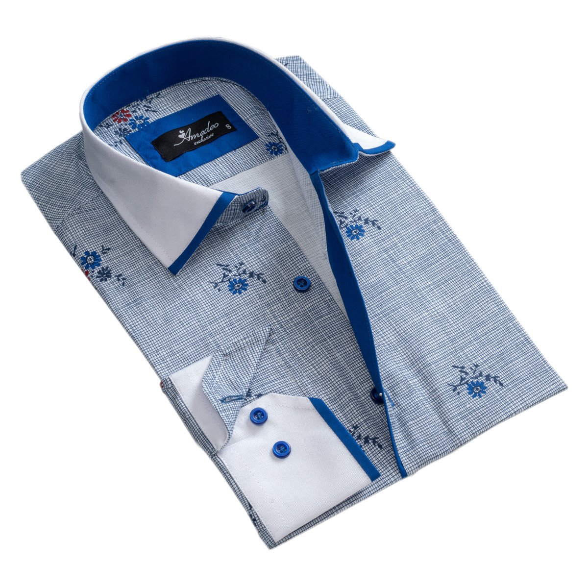 Light Sky Blue Floral Mens Slim Fit Designer Dress Shirt - tailored Cotton Shirts for Work and Casual Wear - Amedeo Exclusive