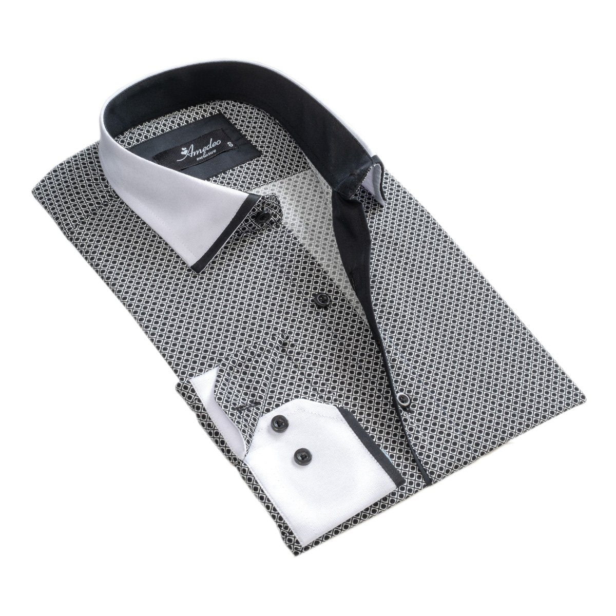 White Black Circles Mens Slim Fit Designer Dress Shirt - tailored Cotton Shirts for Work and Casual Wear - Amedeo Exclusive