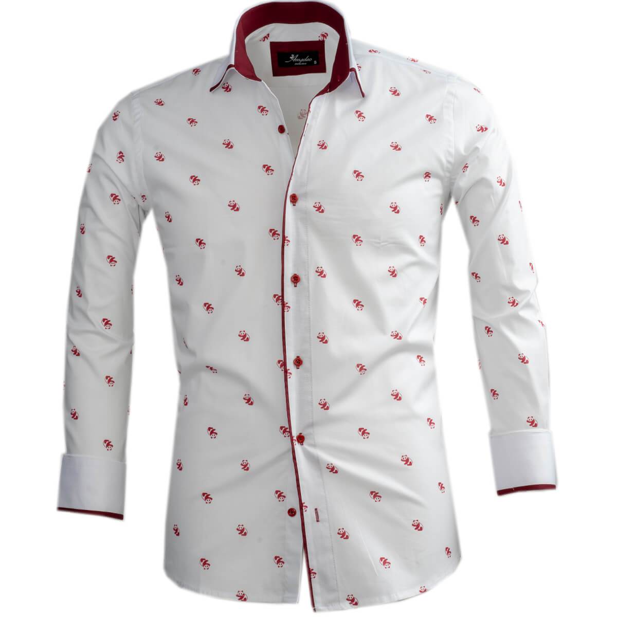 White Burgundy Panda's Mens Slim Fit Designer Dress Shirt - tailored Cotton Shirts for Work and Casual Wear - Amedeo Exclusive