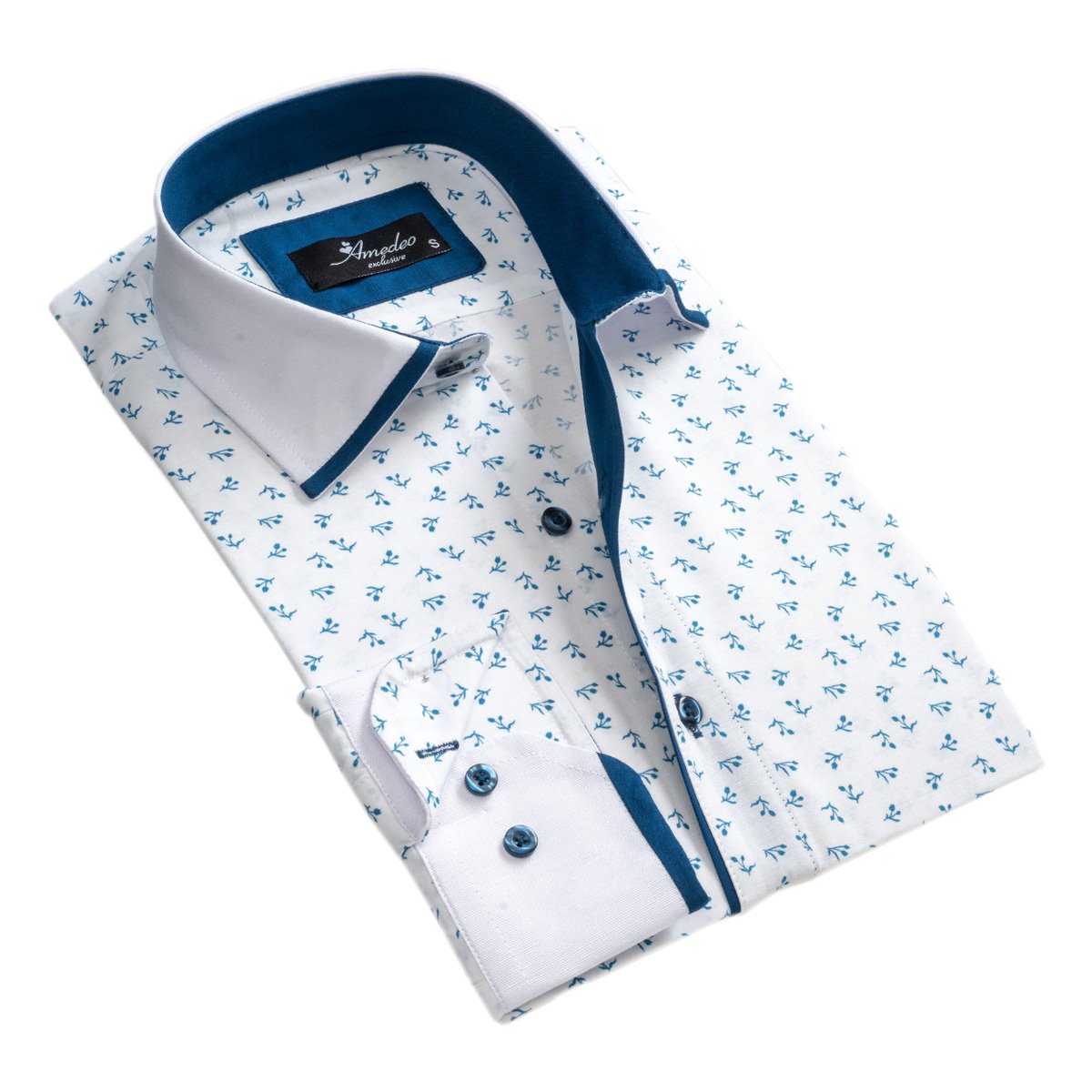 White Blue Floral Mens Slim Fit Designer Dress Shirt - tailored Cotton Shirts for Work and Casual Wear - Amedeo Exclusive