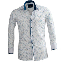 White Blue Floral Mens Slim Fit Designer Dress Shirt - tailored Cotton Shirts for Work and Casual Wear - Amedeo Exclusive