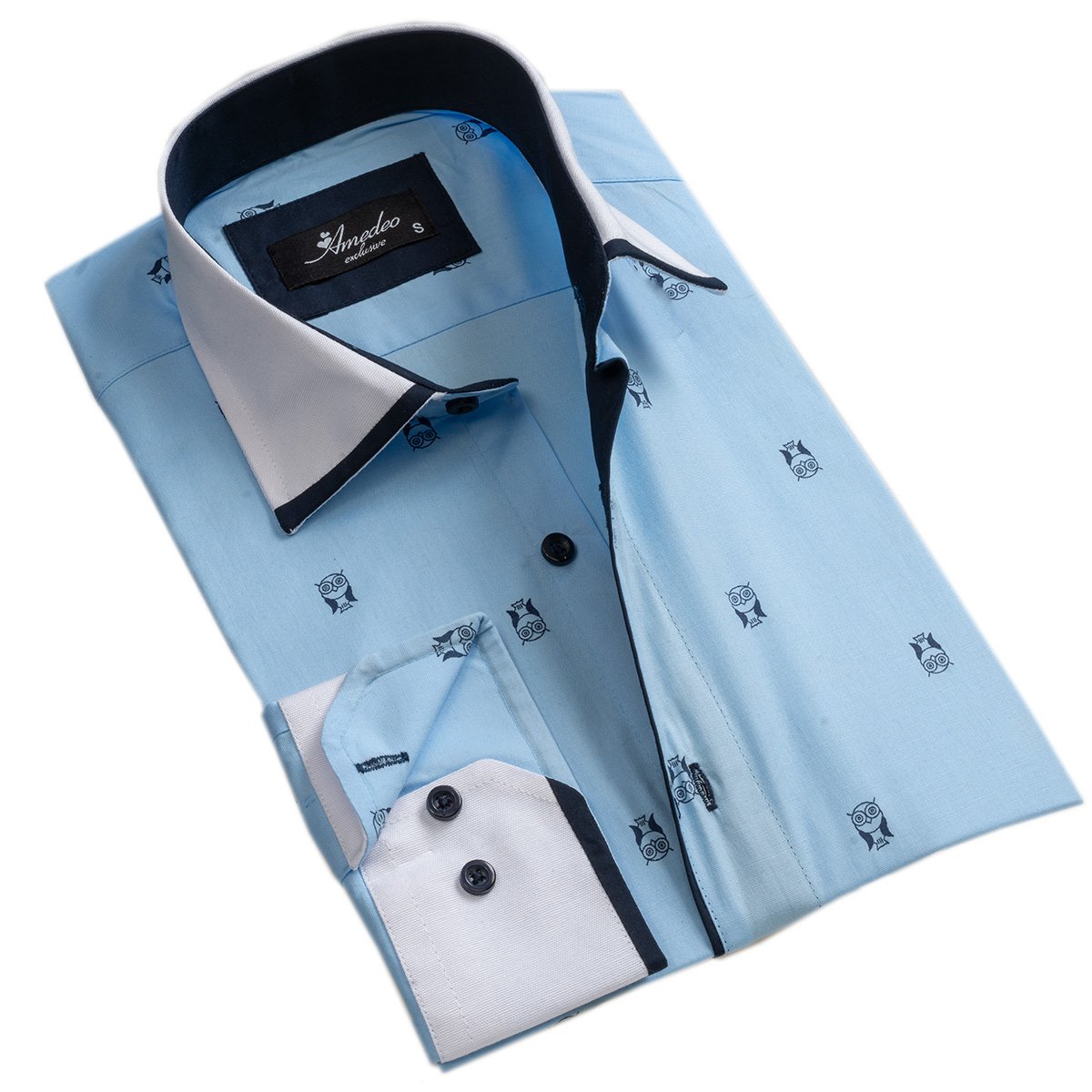 Light Blue w/ Navy Blue Mens Slim Fit Designer Dress Shirt - tailored Cotton Shirts for Work and - Amedeo Exclusive