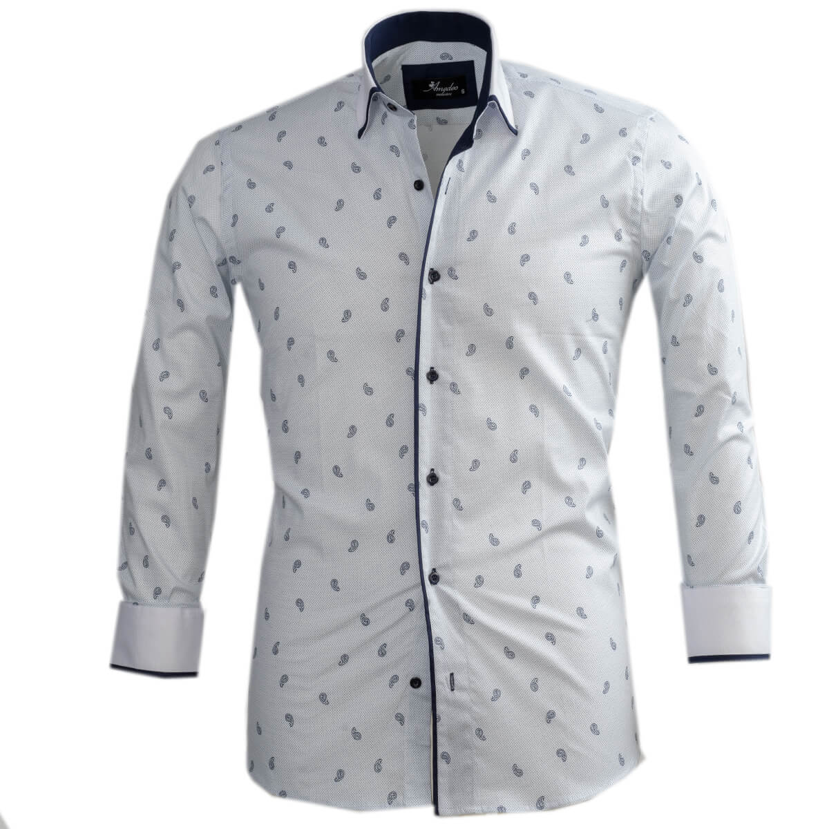 White Light Blue Paisley Mens Slim Fit Designer Dress Shirt - tailored Cotton Shirts for Work and Casual Wear - Amedeo Exclusive