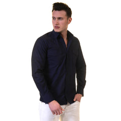Solid Navy Blue Mens Slim Fit Designer Dress Shirt - tailored Cotton Shirts for Work and Casual Wear