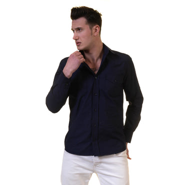Solid Navy Blue Mens Slim Fit Designer Dress Shirt - tailored Cotton Shirts for Work and Casual Wear