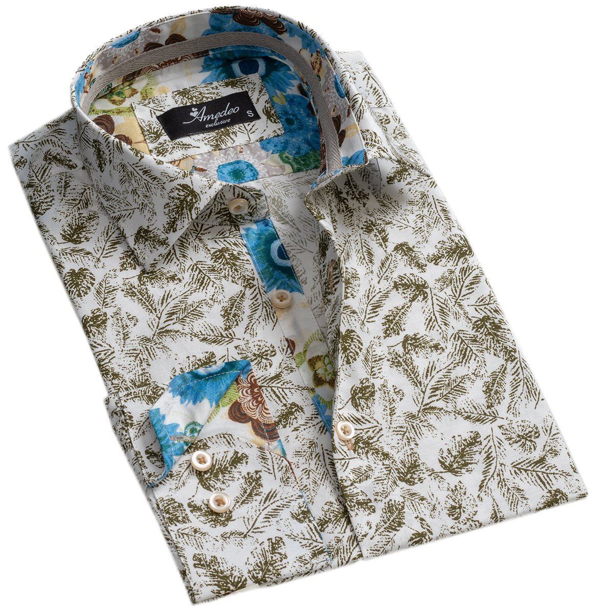 Colorful White Green Mens Slim Fit Designer Dress Shirt - tailored Cotton Shirts for Work and Casual Wear - Amedeo Exclusive