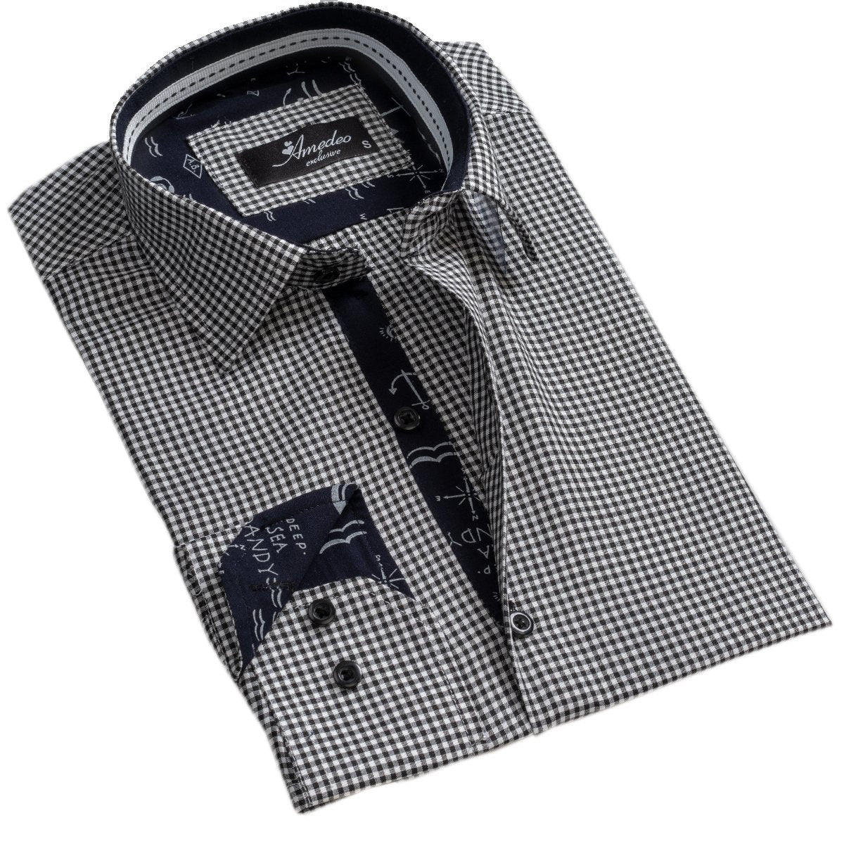 Black White Checkers Mens Slim Fit Designer Dress Shirt - tailored Cotton Shirts for Work and Casual Wear - Amedeo Exclusive