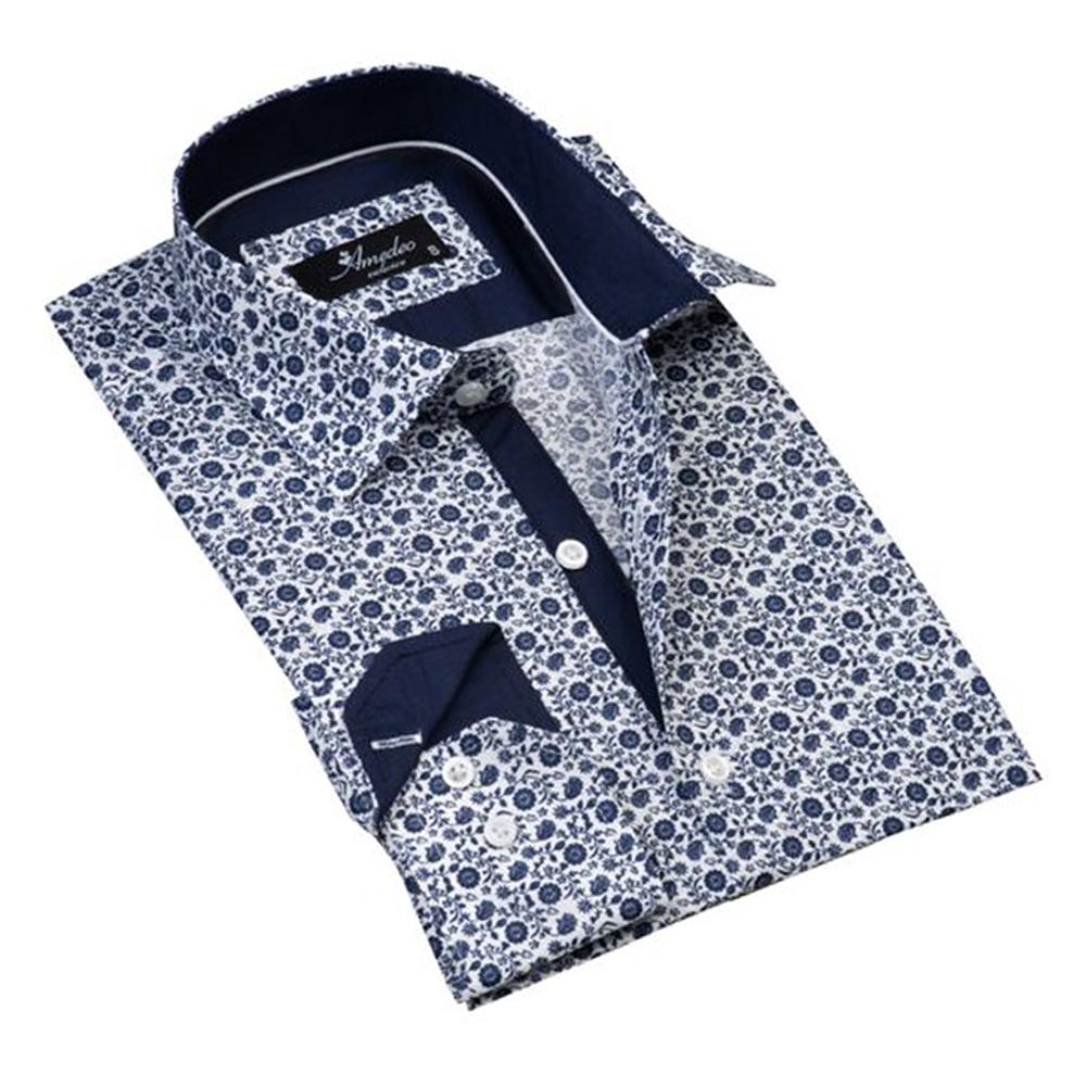 White with Blue Floral Mens Slim Fit Designer Dress Shirt - tailored Cotton Shirts for Work and Casual Wear - Amedeo Exclusive