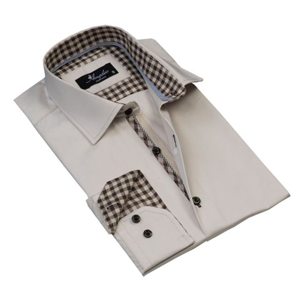 Cream with Brown Mens Slim Fit Designer Dress Shirt - tailored Cotton Shirts for Work and Casual Wear - Amedeo Exclusive