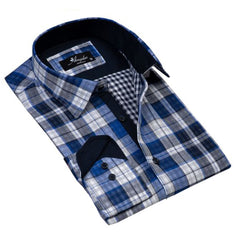 Blue White Check Mens Slim Fit Designer Dress Shirt - tailored Cotton Shirts for Work and Casual - Amedeo Exclusive