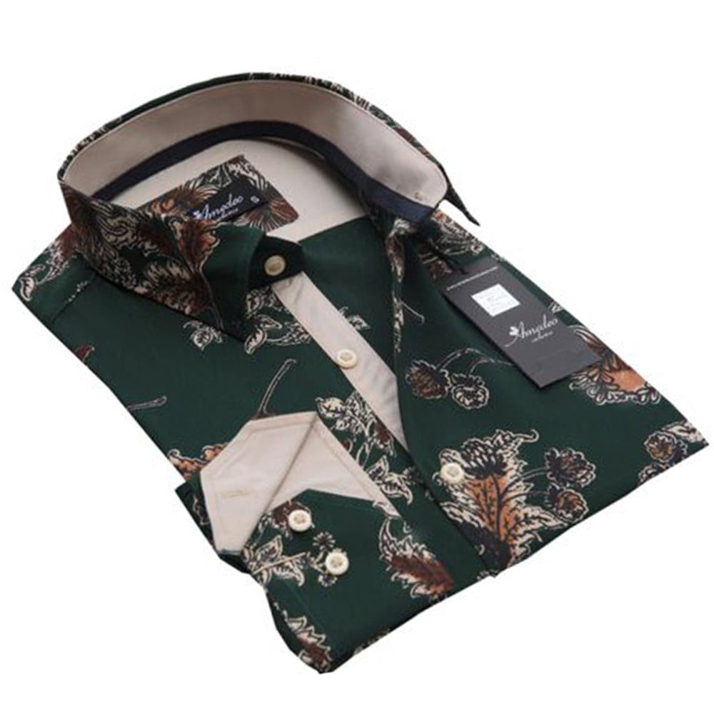 Dark Green Floral Mens Slim Fit Designer Dress Shirt - tailored Cotton Shirts for Work and Casual Wear - Amedeo Exclusive