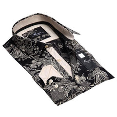Black Gold Floral Mens Slim Fit Designer Dress Shirt - tailored Cotton Shirts for Work and Casual Wear - Amedeo Exclusive