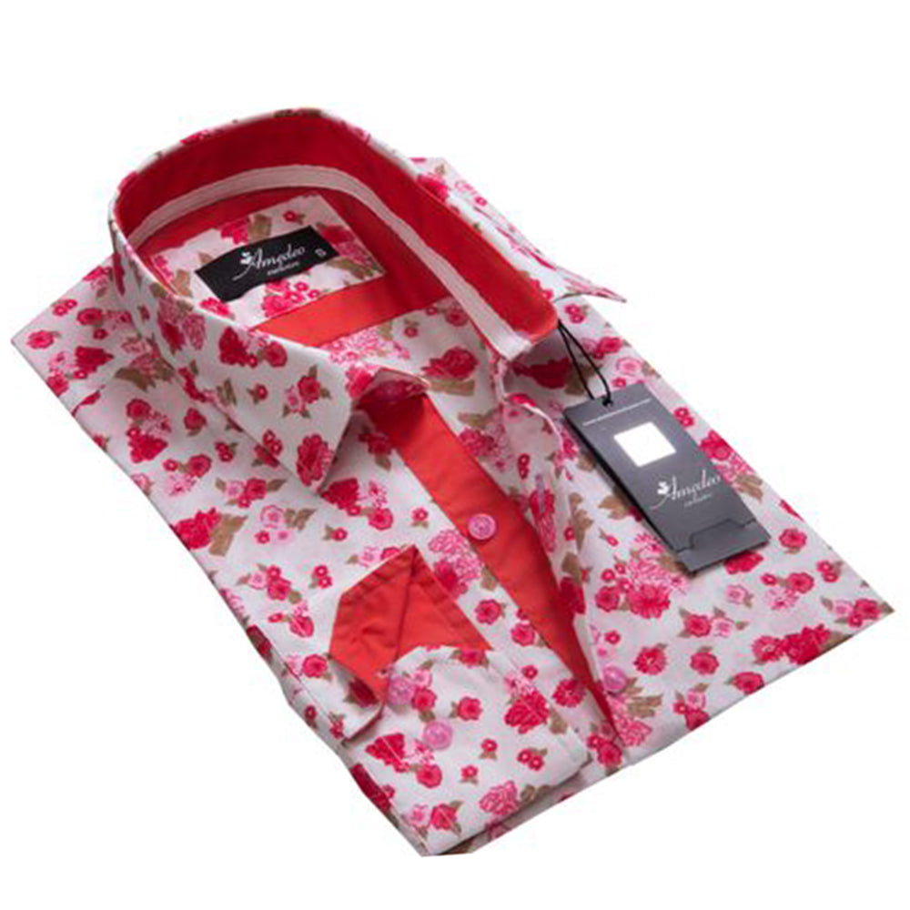 White Red Floral Mens Slim Fit Designer Dress Shirt - tailored Cotton Shirts for Work and Casual Wear - Amedeo Exclusive