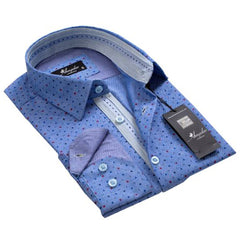 Geometric Denim Blue Mens Slim Fit Designer Dress Shirt - tailored Cotton Shirts for Work and Casual - Amedeo Exclusive