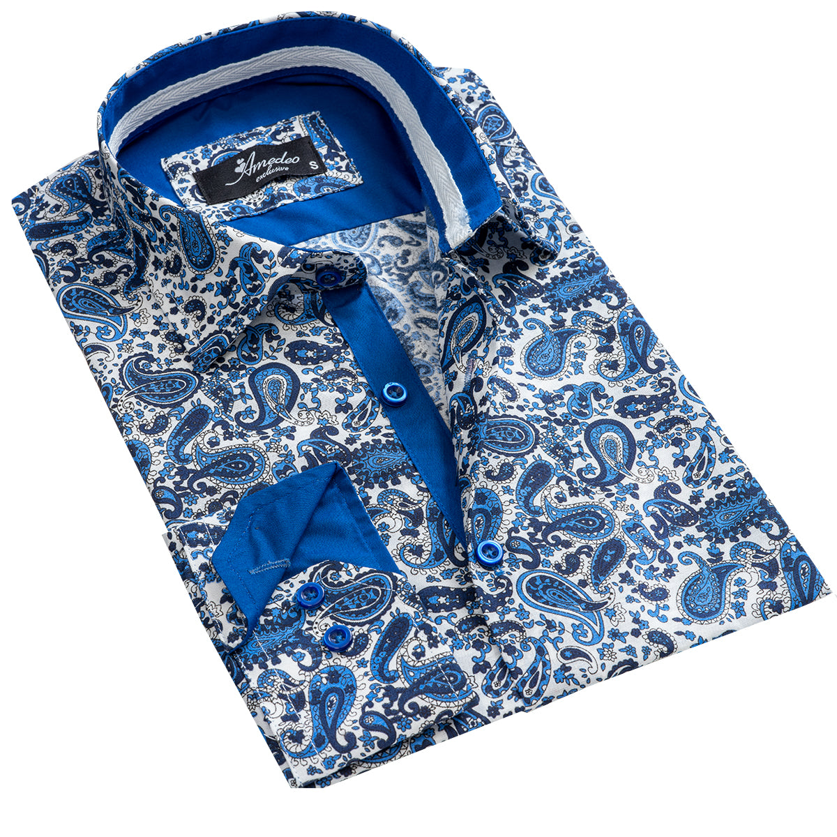 White Blue Paisley Mens Slim Fit Designer Dress Shirt - tailored Cotton Shirts for Work and Casual - Amedeo Exclusive