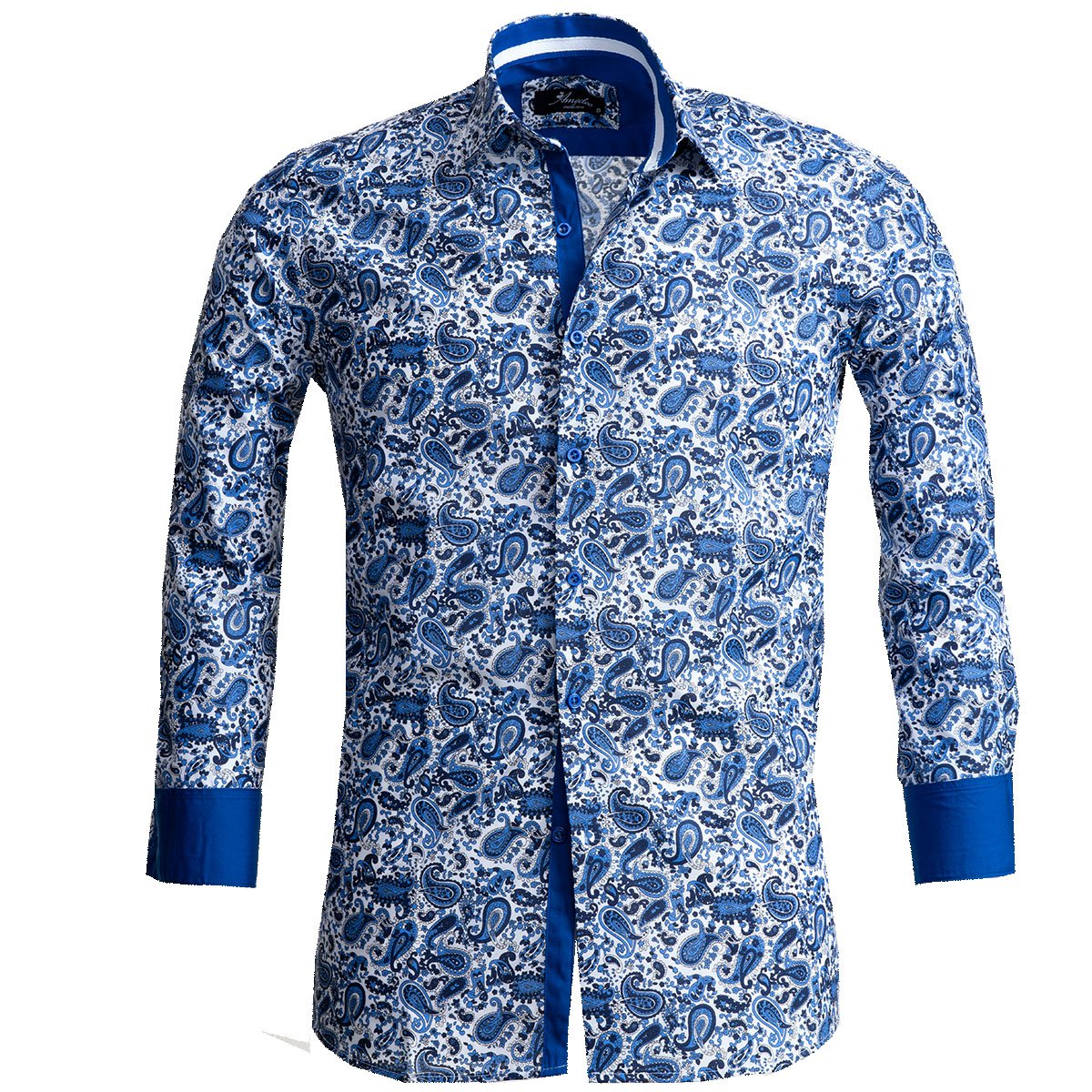 White Blue Paisley Mens Slim Fit Designer Dress Shirt - tailored Cotton Shirts for Work and Casual - Amedeo Exclusive