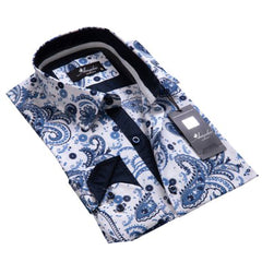 White Blue Paisley Mens Slim Fit Designer Dress Shirt - tailored Cotton Shirts for Work and Casual Wear - Amedeo Exclusive