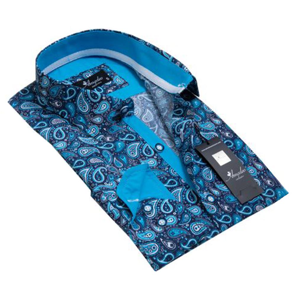 Blue Paisley Mens Slim Fit Designer Dress Shirt - tailored Cotton Shirts for Work and Casual Wear - Amedeo Exclusive