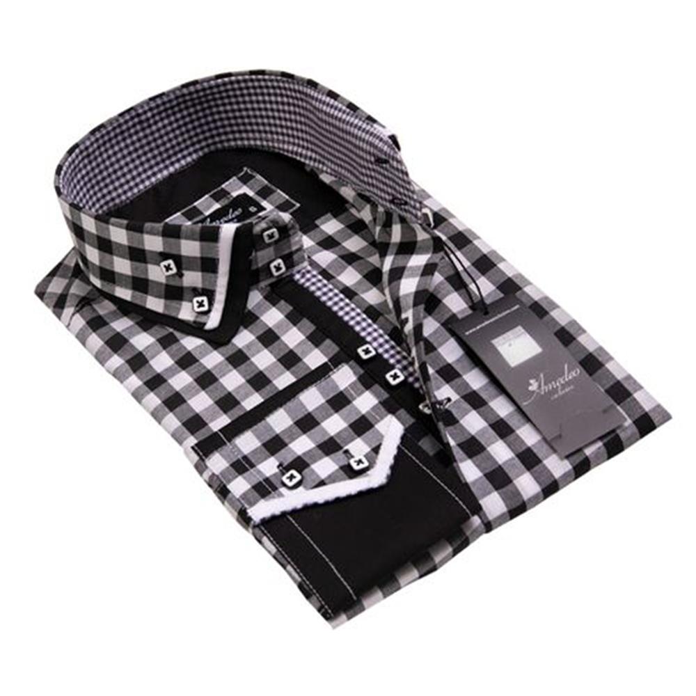 Black White Checkers Mens Slim Fit Designer Dress Shirt - tailored Cotton Shirts for Work and Casual - Amedeo Exclusive