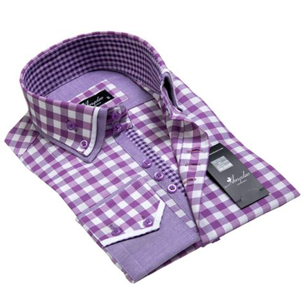 Purple White Checkers Mens Slim Fit Designer Dress Shirt - tailored Cotton Shirts for Work and - Amedeo Exclusive