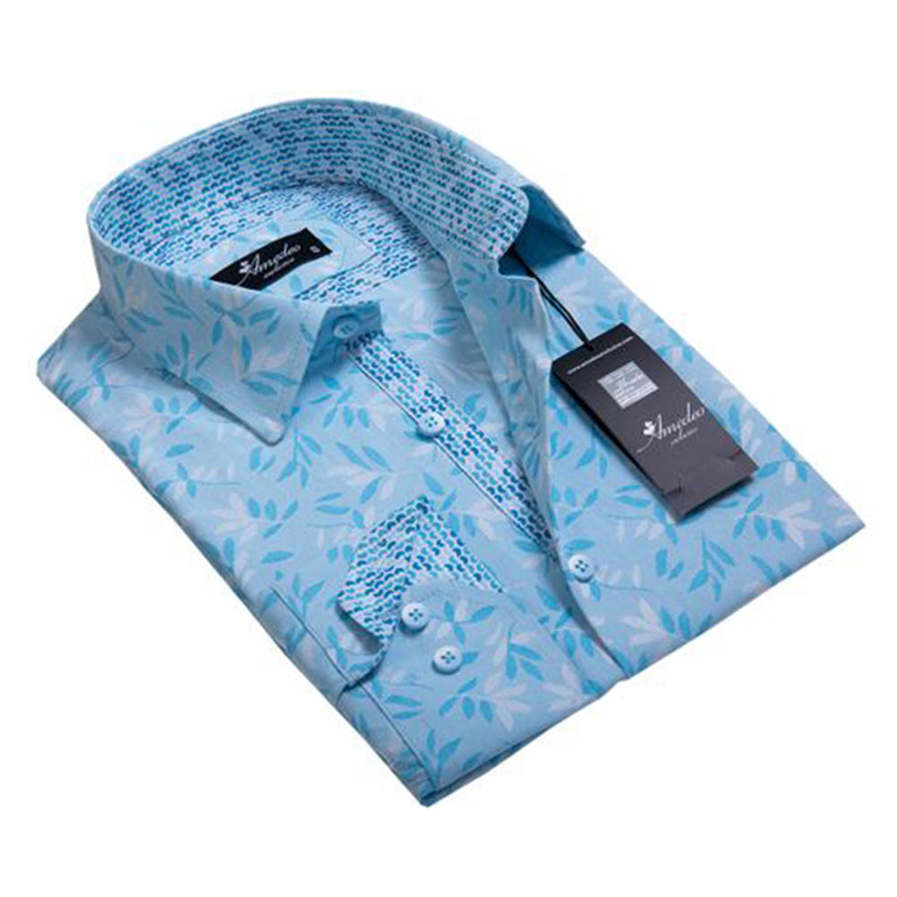 Turquoise Blue Floral Mens Slim Fit Designer Dress Shirt - tailored Cotton Shirts for Work and - Amedeo Exclusive