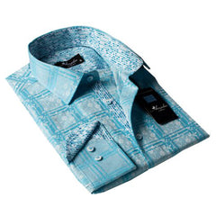 Turquoise Check Blue Floral Mens Slim Fit Designer Dress Shirt - tailored Cotton Shirts for Work and - Amedeo Exclusive