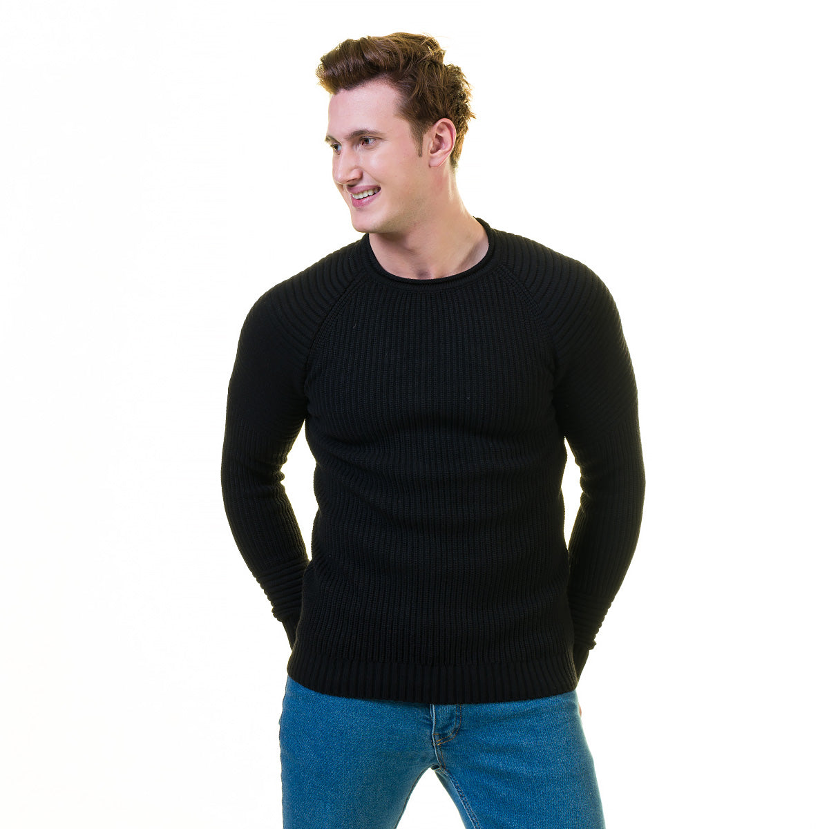 Solid Black Printed European Wool Luxury Zippered With Sweater Jacket Warm Winter Tailor Fit