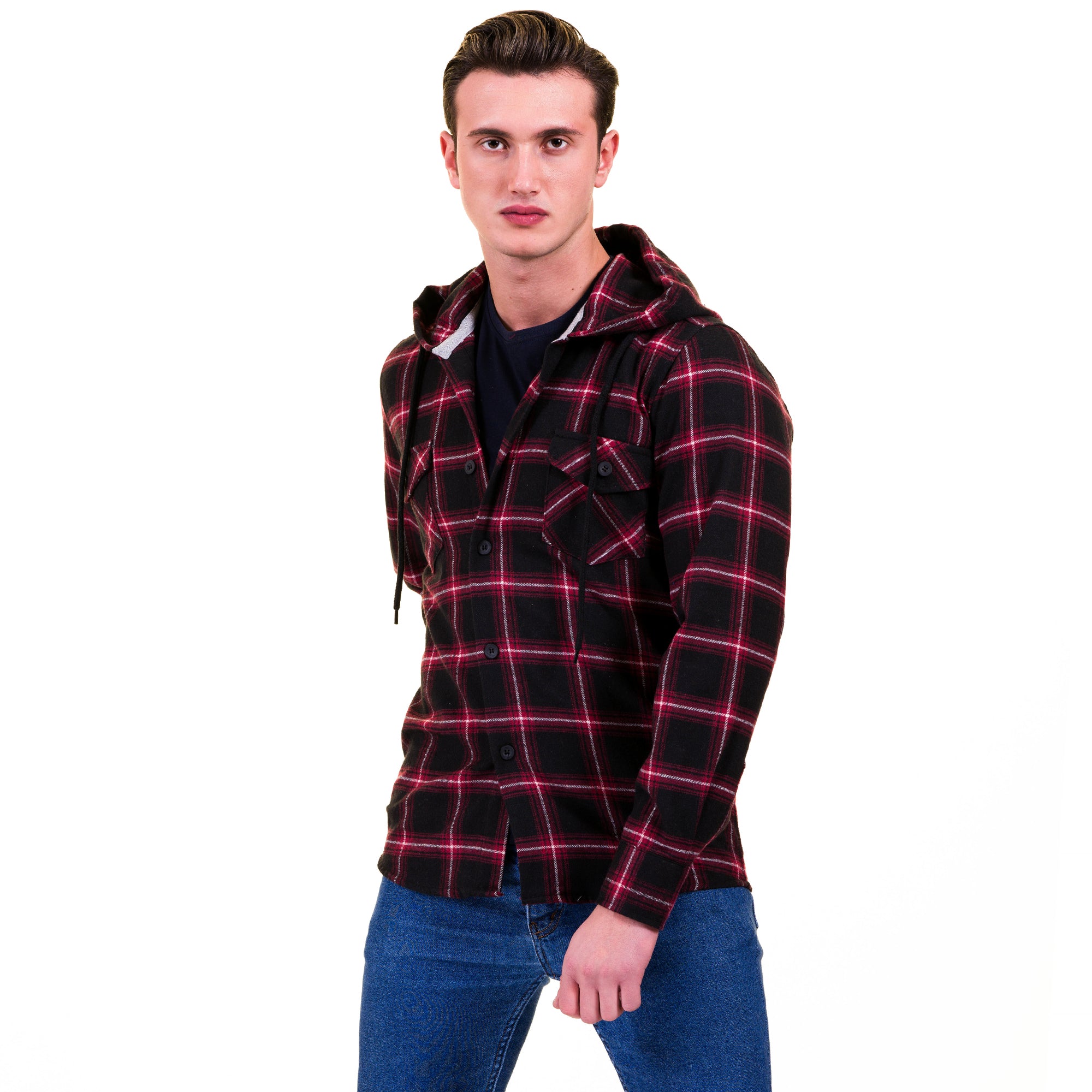 Black Red Check European Wool Luxury Zippered With Hoodie Sweater Jacket Warm Winter Tailor Fit