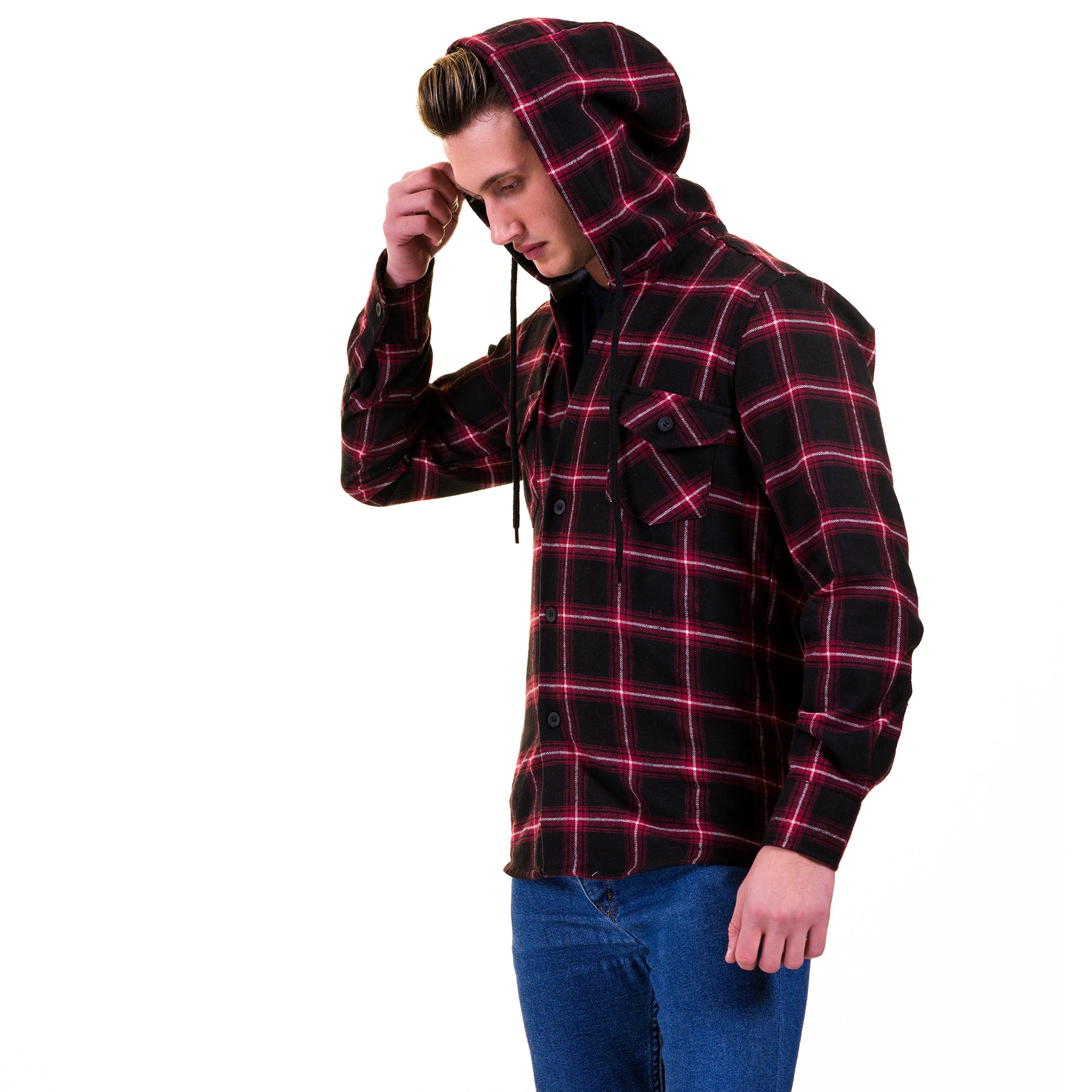 Black White Red Plaid European Wool Luxury Zippered With Hoodie Sweate –  Amedeo Exclusive