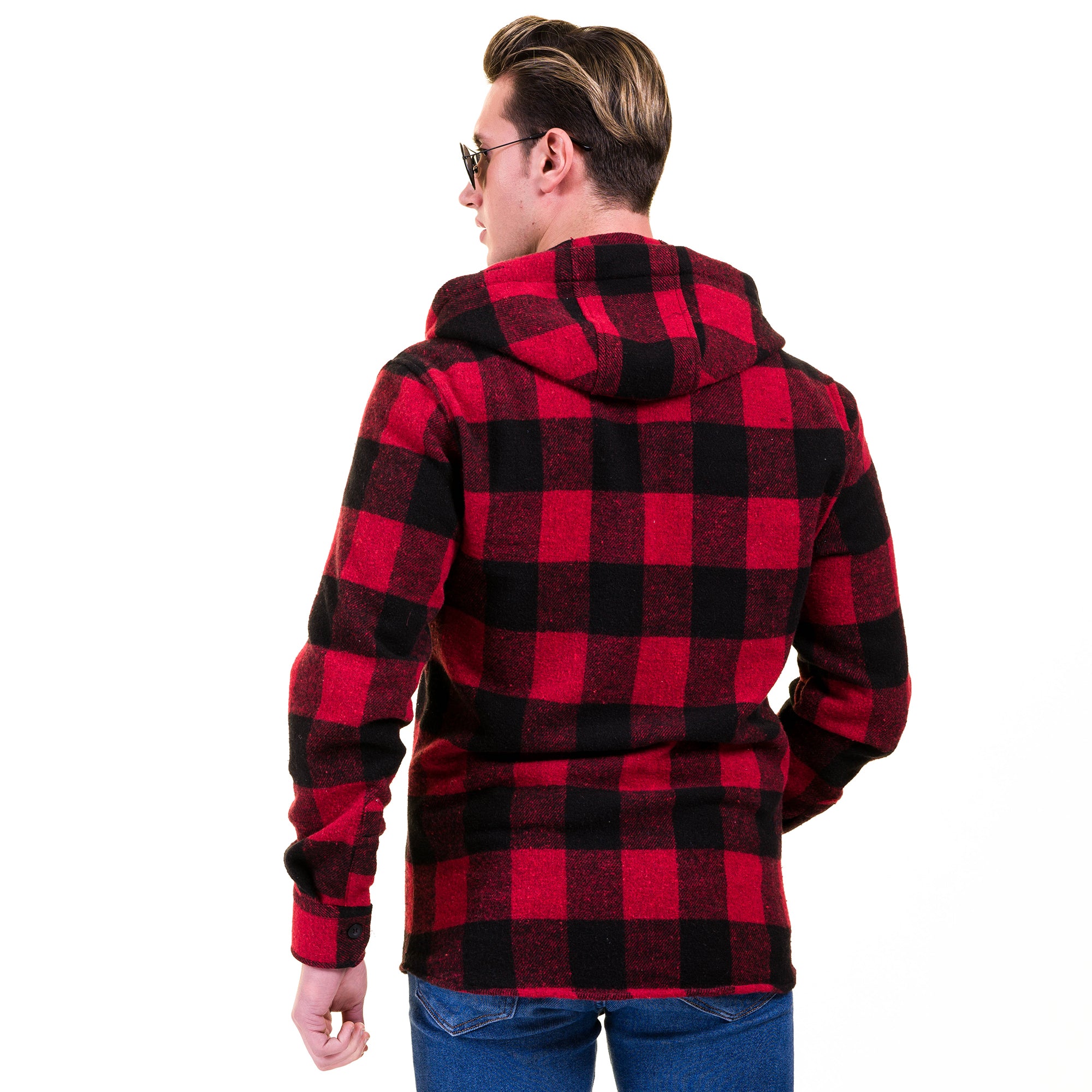 Red Black Check European Wool Luxury Zippered With Hoodie Sweater Jacket Warm Winter Tailor Fit