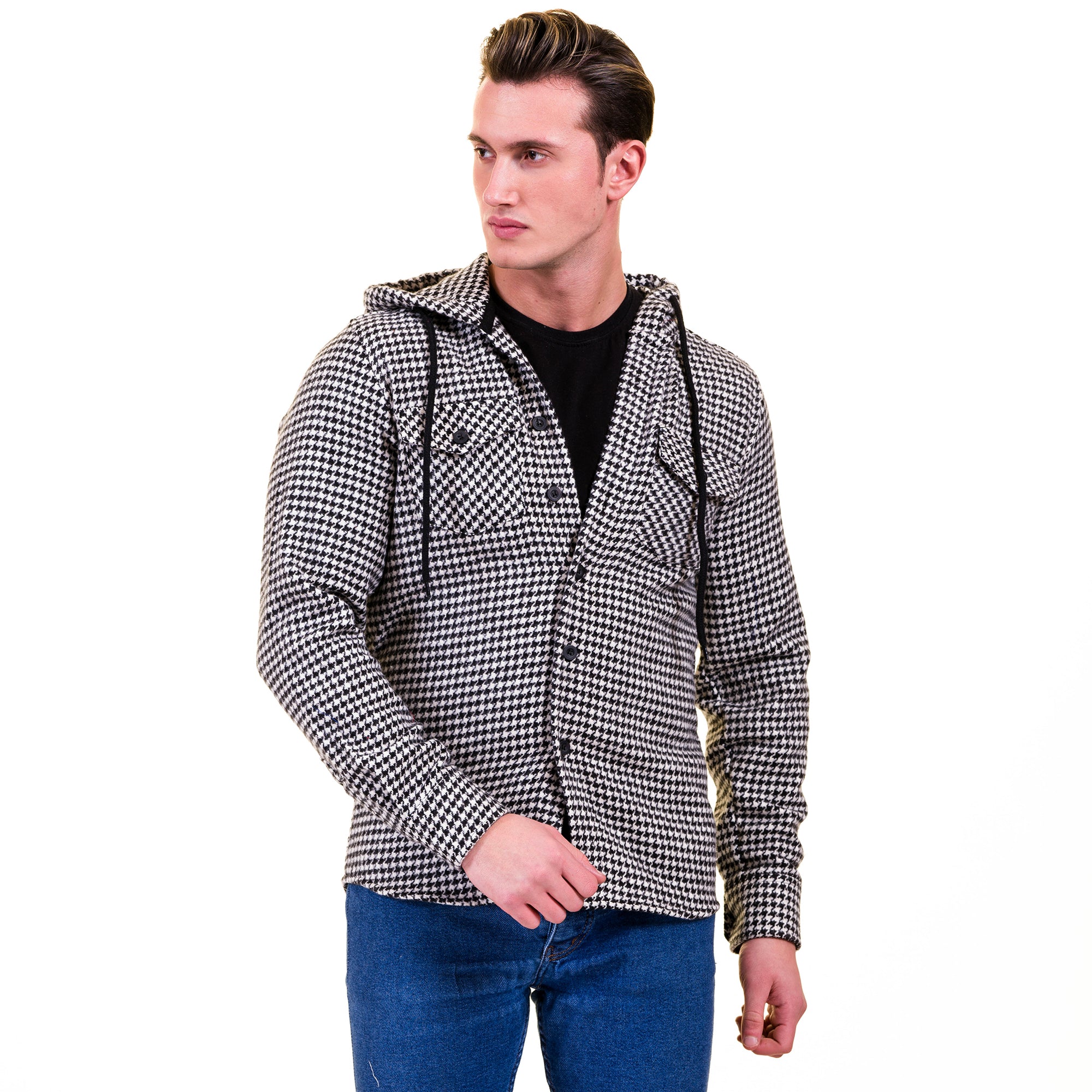 Black White Harringbone European Wool Luxury Zippered With Hoodie Sweater Jacket Warm Winter Tailor Fit