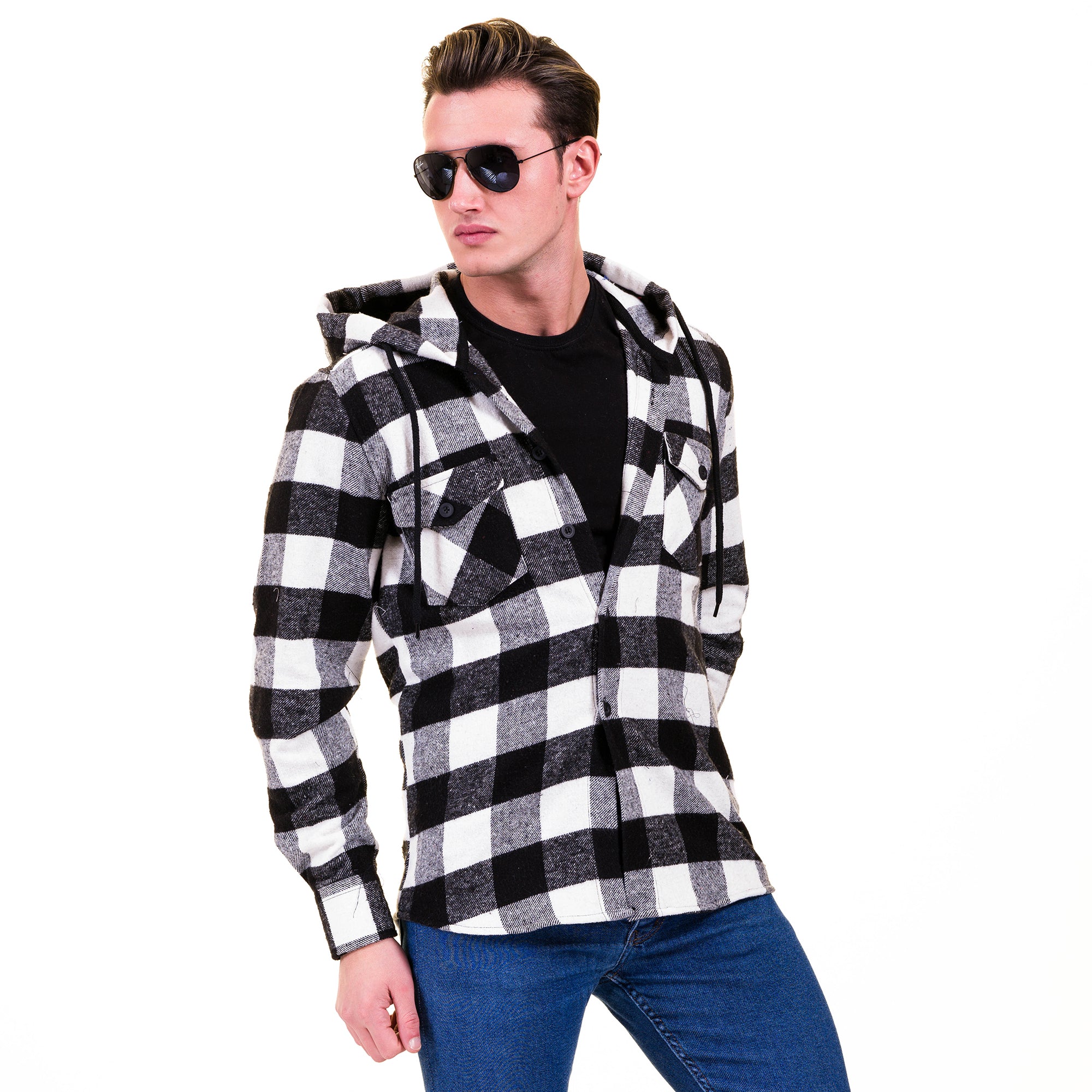 Black White Big Check European Wool Luxury Zippered With Hoodie Sweater Jacket Warm Winter Tailor Fit