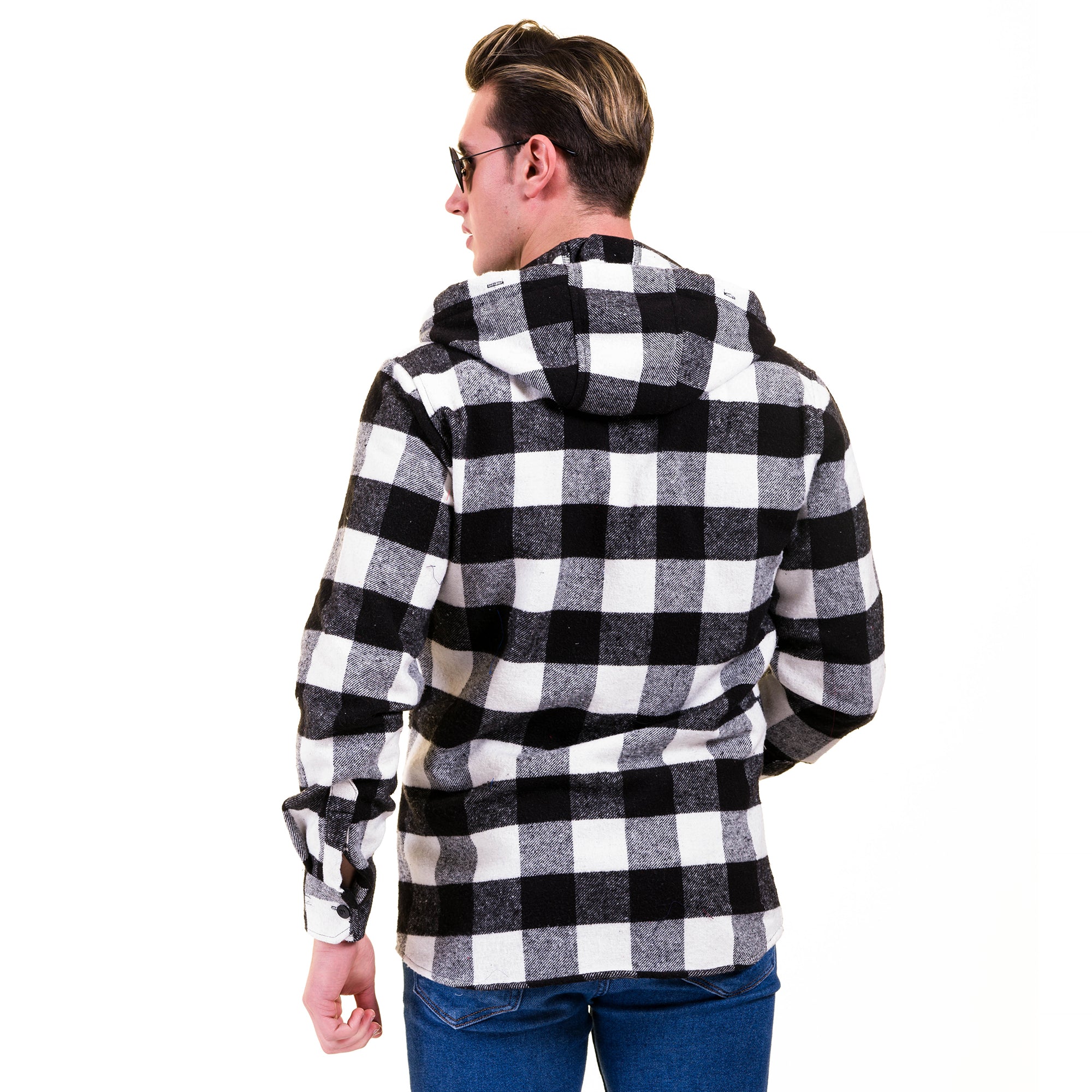Black White Big Check European Wool Luxury Zippered With Hoodie