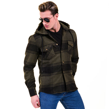 Olive Green Black Check European Wool Luxury Zippered With Hoodie Sweater Jacket Warm Winter Tailor Fit