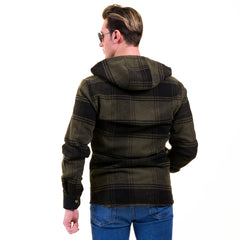 Olive Green Black Check European Wool Luxury Zippered With Hoodie Sweater Jacket Warm Winter Tailor Fit