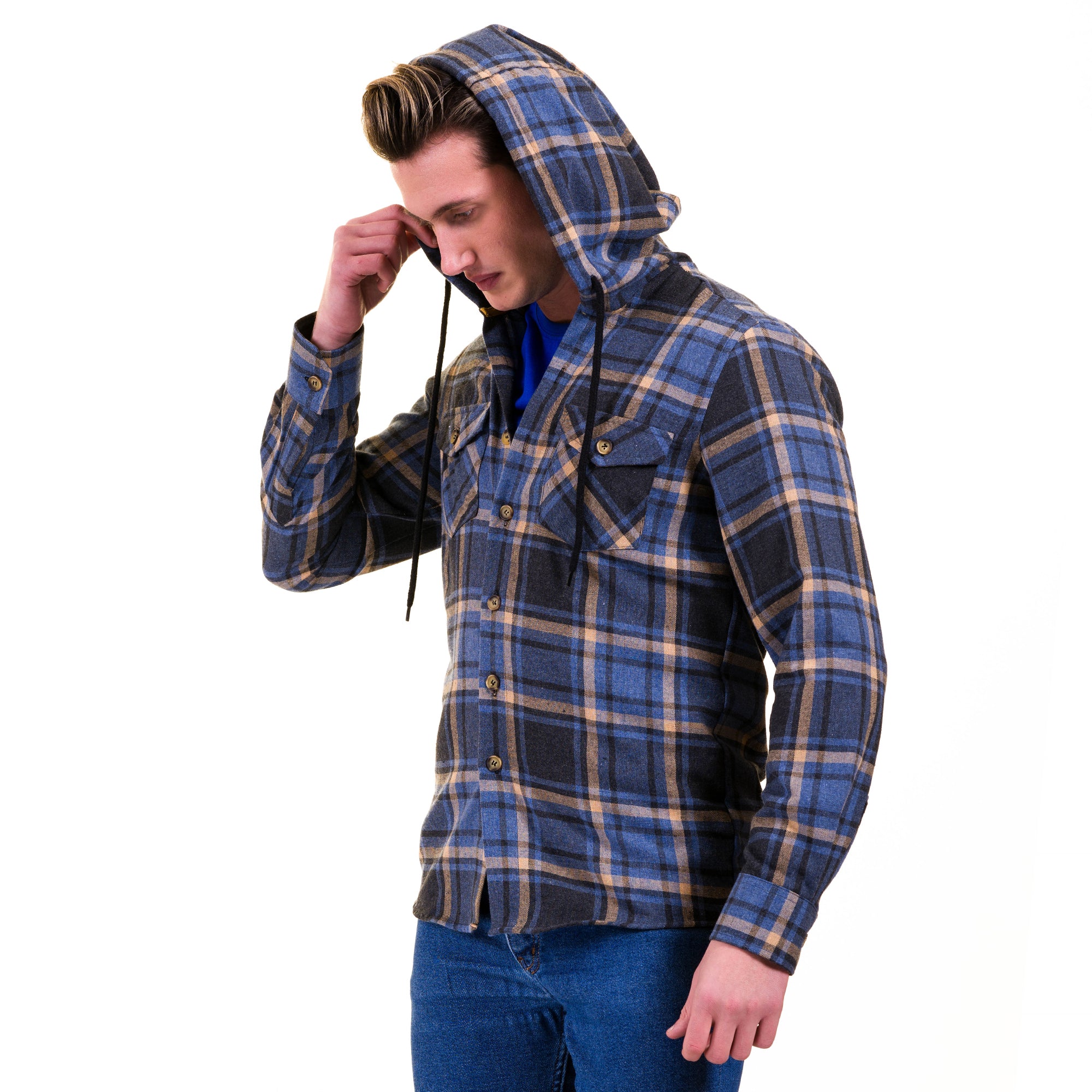 Blue Tan Check European Wool Luxury Zippered With Hoodie Sweater Jacket Warm Winter Tailor Fit