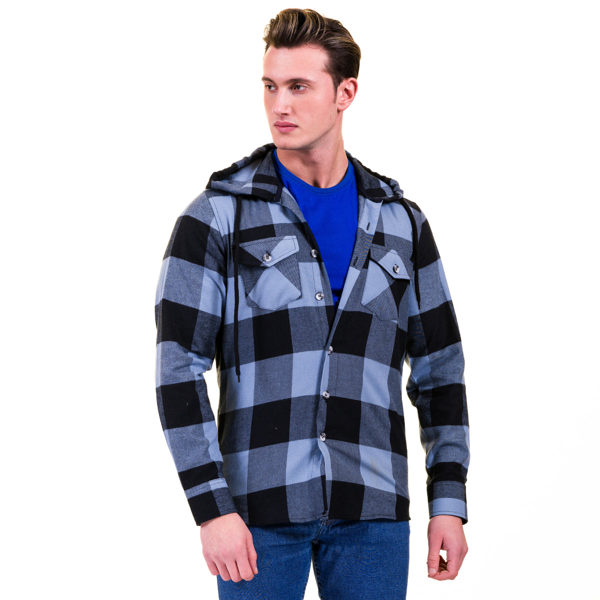Blue Black Check European Wool Luxury Zippered With Hoodie Sweater Jacket Warm Winter Tailor Fit
