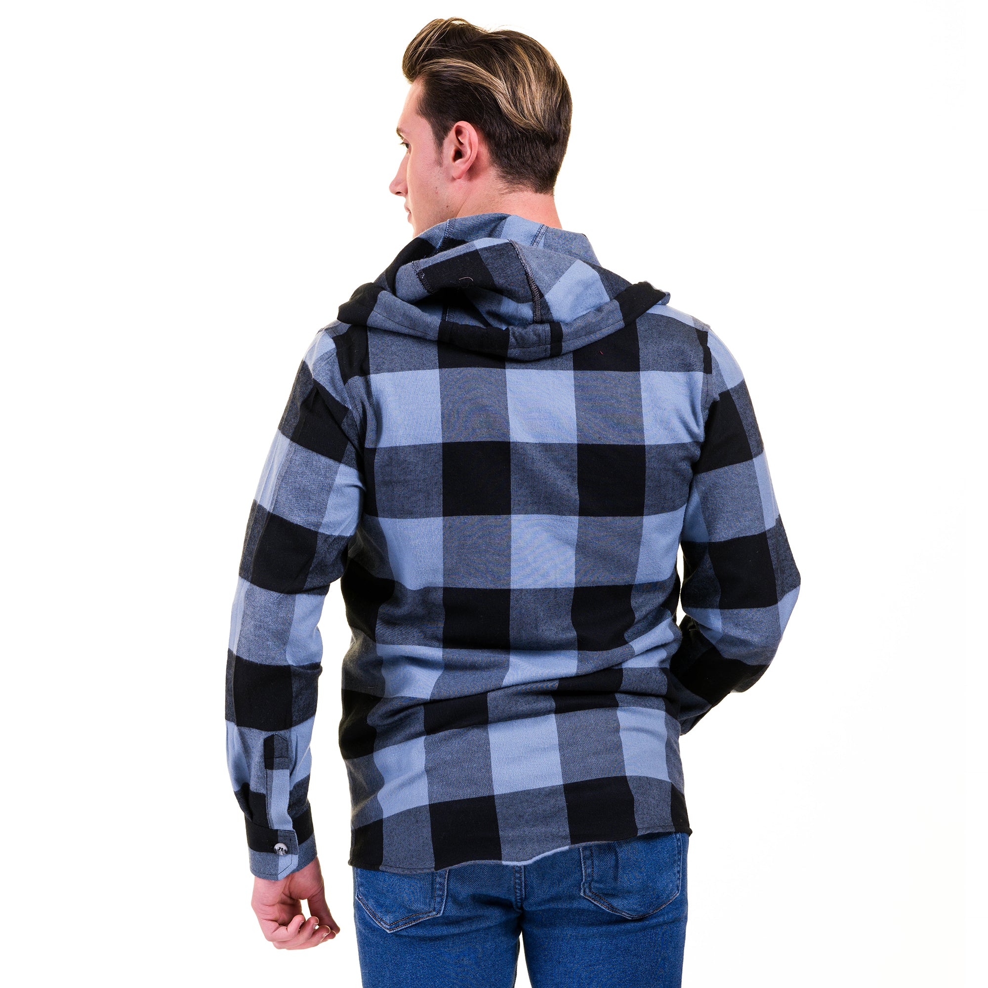 Blue Black Check European Wool Luxury Zippered With Hoodie Sweater Jacket Warm Winter Tailor Fit