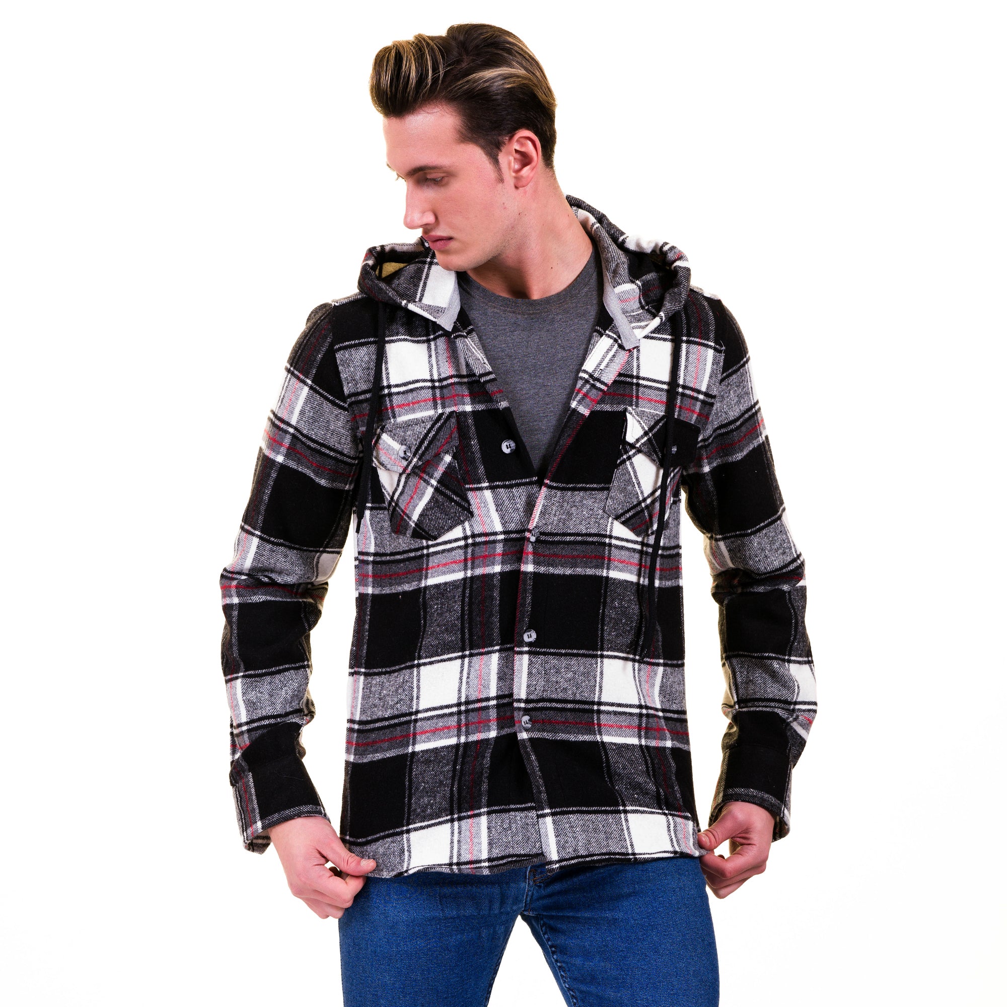 Black White Red Plaid European Wool Luxury Zippered With Hoodie Sweate –  Amedeo Exclusive