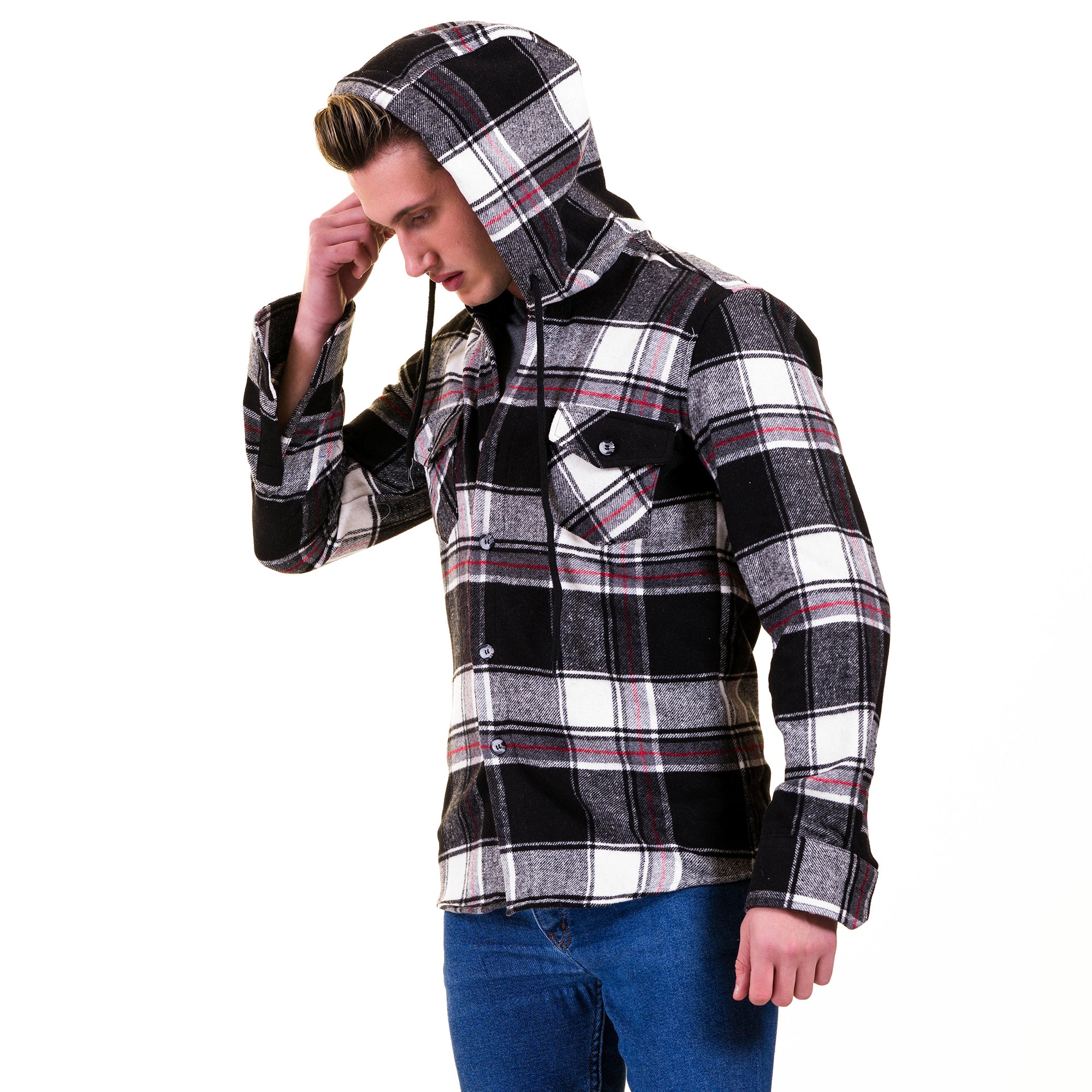 Black White Red Plaid European Wool Luxury Zippered With Hoodie Sweater Jacket Warm Winter Tailor Fit