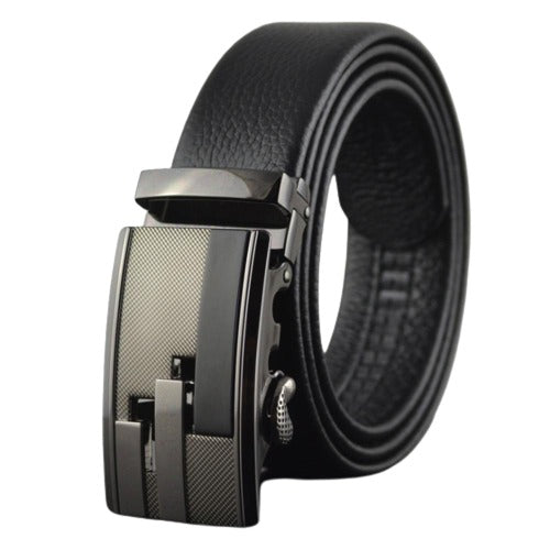 Black Belt Black Buckle Mens Adjustable Ratchet Slide Buckle Belt - Genuine Leather Automatic Belt